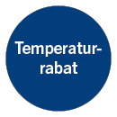Rund blå cirkel med teksten "temperaturrabat"